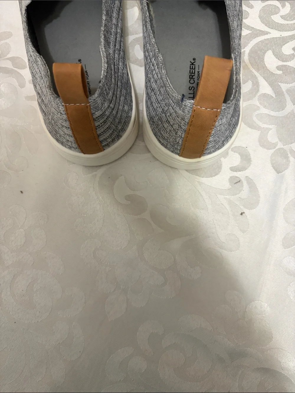Falls Creek Gray Knit Slip-On Wedges with Tan Pull Tabs